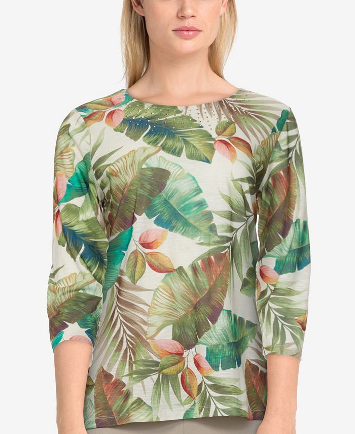 Alfred Dunner Petite Size San Antonio Tropical Leaf Top - Macy's