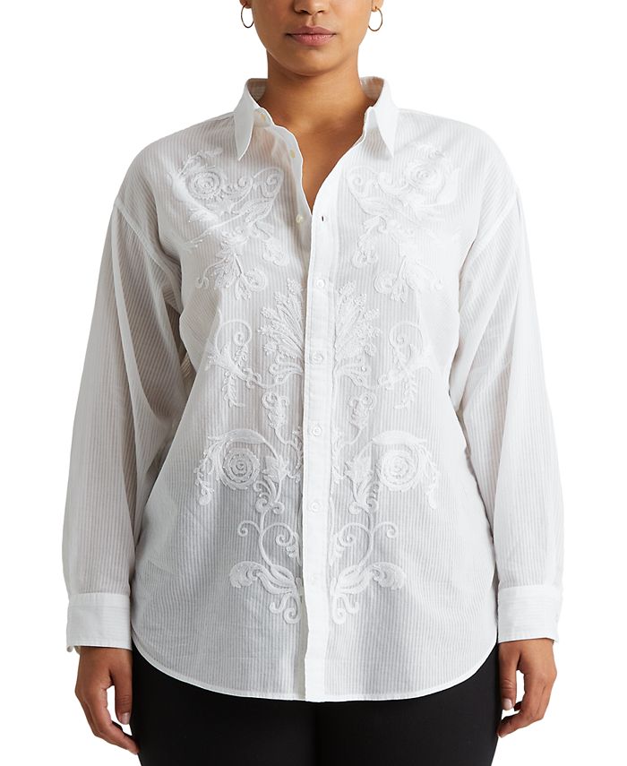 Lauren Ralph Lauren Plus-Size Shadow Stripe Cotton Dobby Shirt