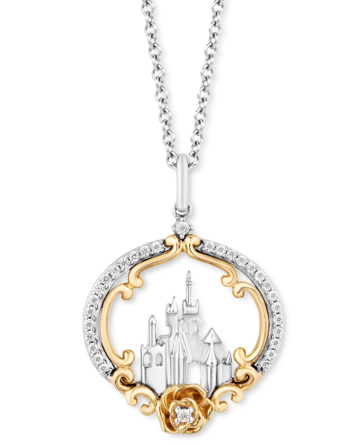 Shop Enchanted Disney Fine Jewelry Diamond Belle Castle & Rose 18" Pendant Necklace (1/6 Ct. T.w.) In Sterling Silver & 14k Gold In Sterling Silver  Yellow Gold Plating