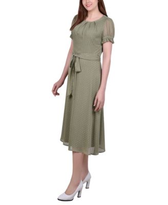 Petite Short Sleeve Belted Swiss Dot Dress