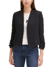 Textured Ruched-Sleeve Open-Front Cropped Blazer