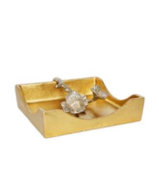 7"D Gold Square Napkin Holder With Silver Leaf Design