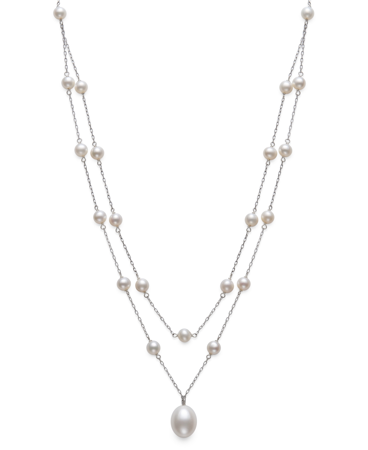 Cultured Freshwater Pearl (5-6mm & 9-10mm) 16" Layered Necklace in Sterling Silver - White