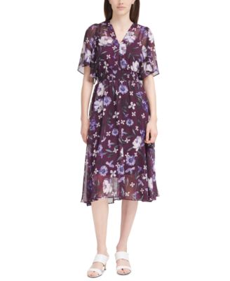 Calvin Klein - Floral-Print Smocked-Waist Flutter-Sleeve V-Neck Dress