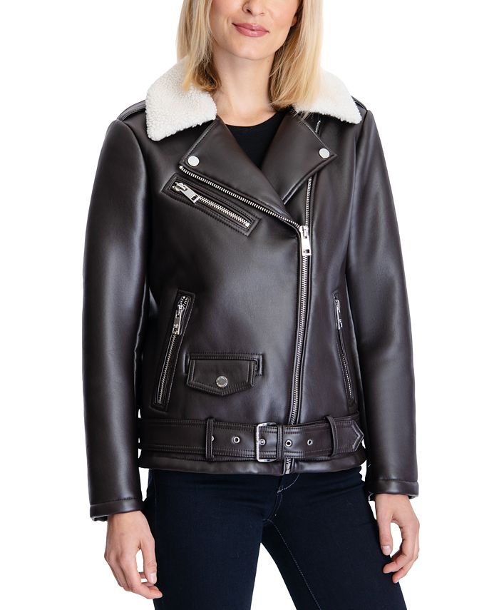 Michael Kors Women's Faux-Sherpa Collar Faux-Leather Moto Coat & Reviews -  Coats & Jackets - Women - Macy's