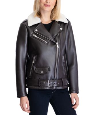 Michael Kors Women's Faux-Sherpa Collar Faux-Leather Moto Coat