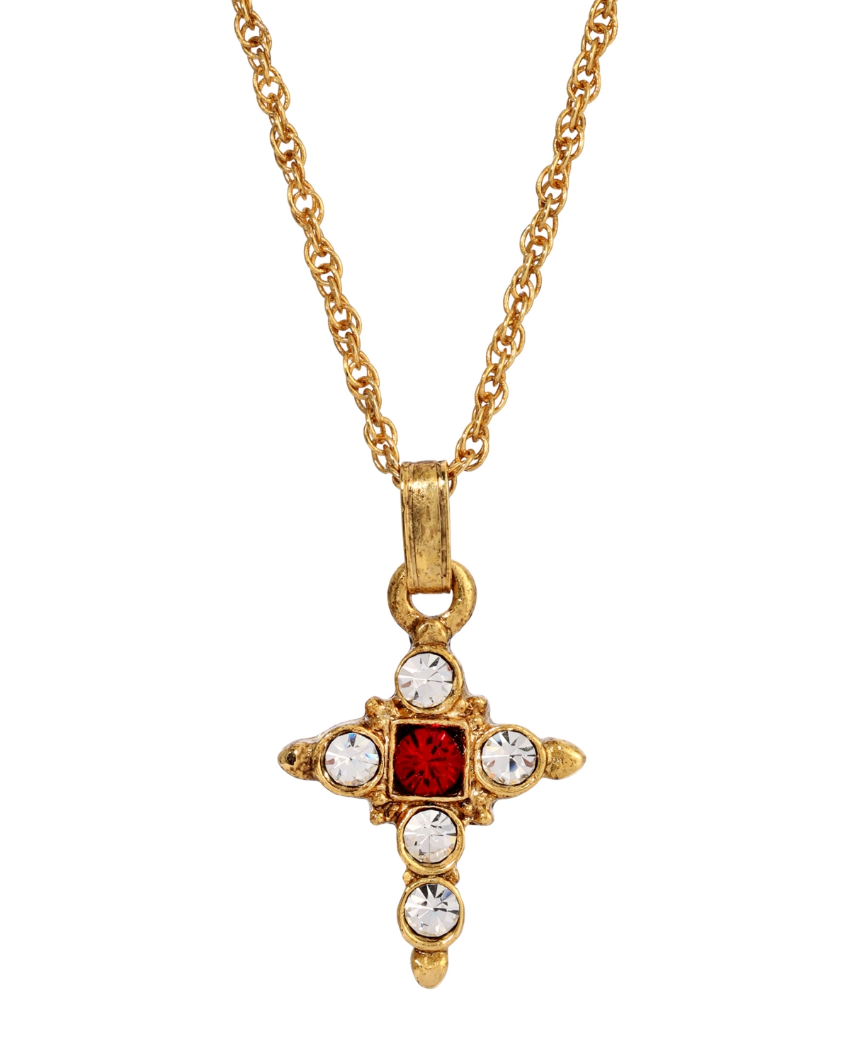 14K Gold Dipped Dark Red and Crystal Cross Pendant Necklace - Red