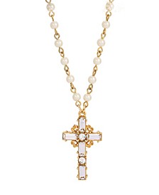 14K Gold Dipped Crystal Cross Imitation Pearl Chain Necklace