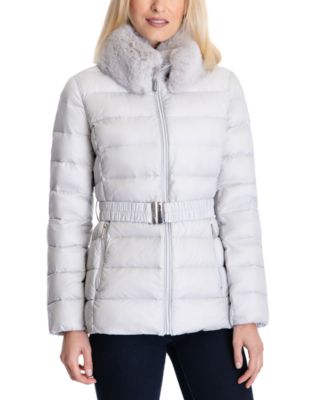 Faux-Fur-Collar Belted Down Packable Puffer Coat