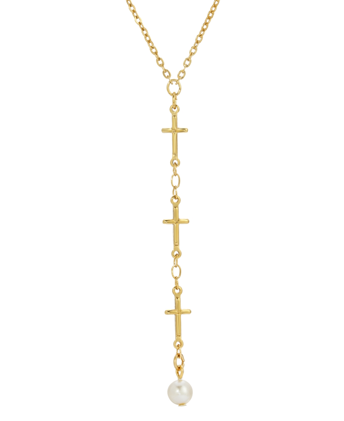 14K Gold Dipped Triple Cross Drop Imitation Pearl Necklace - White