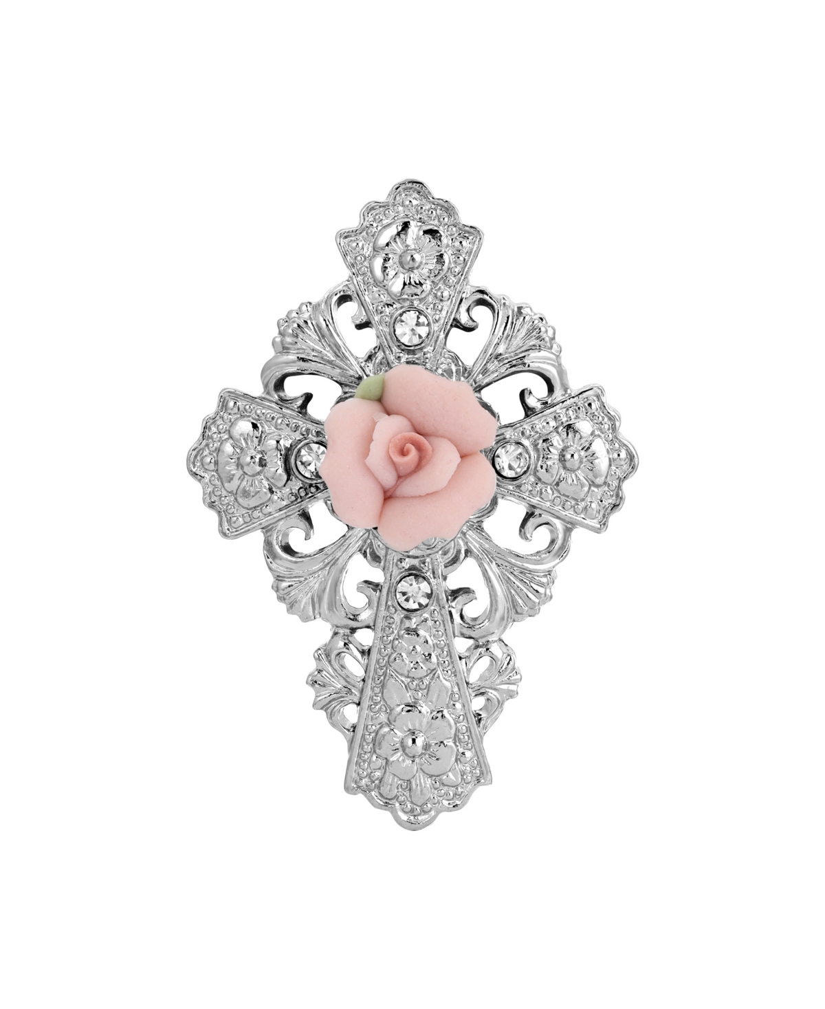 Silver-Tone Pink Porcelain Rose Cross Pin - Pink