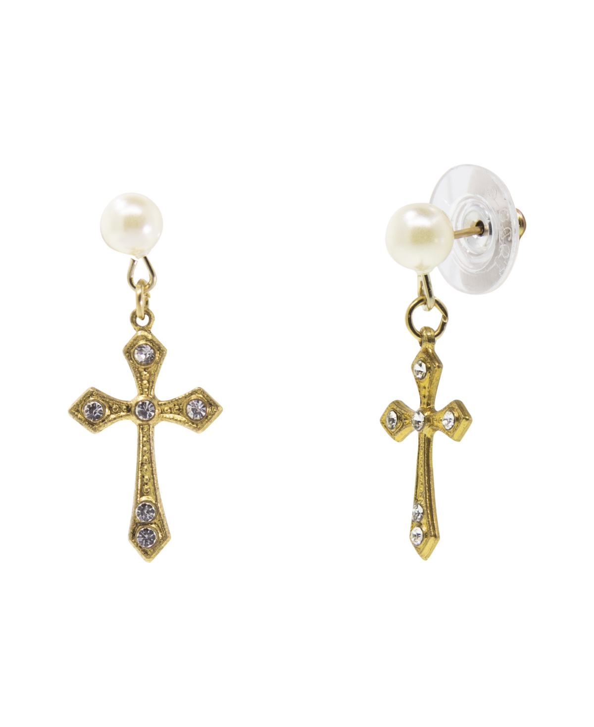 Gold-Tone Crystal Cross with Imitation Pearl Stud Drop Earrings - White