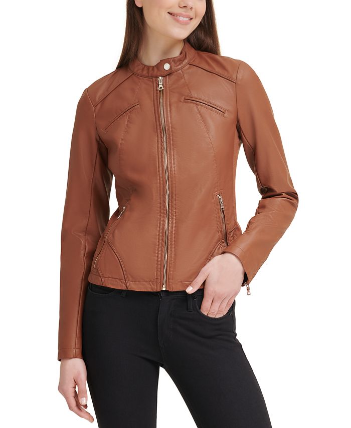 SBABY-Women Stand Collar Zip-Front Slim Pu Leather Moto Jacket Coat
