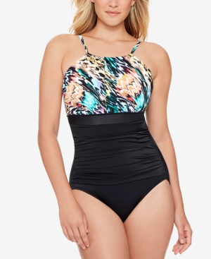 Swim Solutions Women's High Neck Tummy Control One Piece Swimsuit Multi