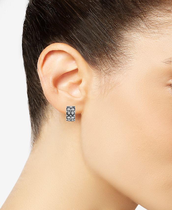 COACH - Silver-Tone Small Crystal Quilted C Wide Huggie Hoop Earrings, 0.5"