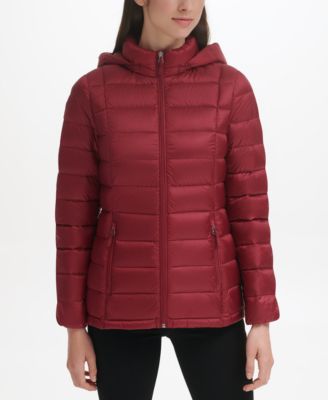 red puffer jacket with fur hood