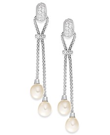 Cultured Freshwater Pearl (7-1/2mm) and Cubic Zirconia Chain Drop Earrings in Sterling Silver