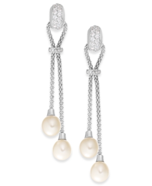 image of Cultured Freshwater Pearl (7-1/2mm) and Cubic Zirconia Chain Drop Earrings in Sterling Silver