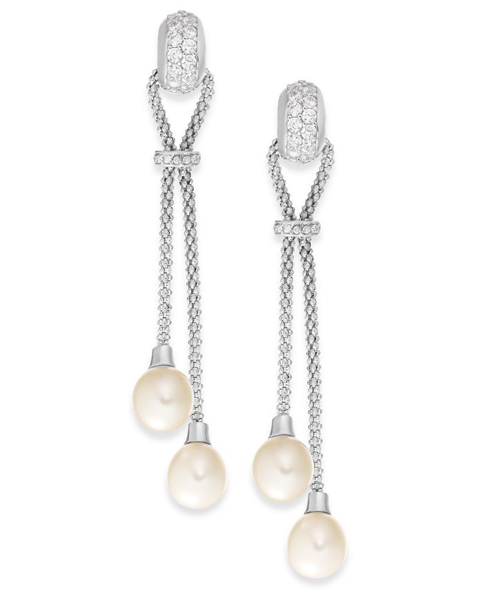 Macy's - Cultured Freshwater Pearl (7-1/2mm) and Cubic Zirconia Chain Drop Earrings in Sterling Silver