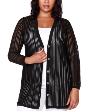 Belldini Black Label Plus Size Striped Long Sleeve Button-Front Cardigan