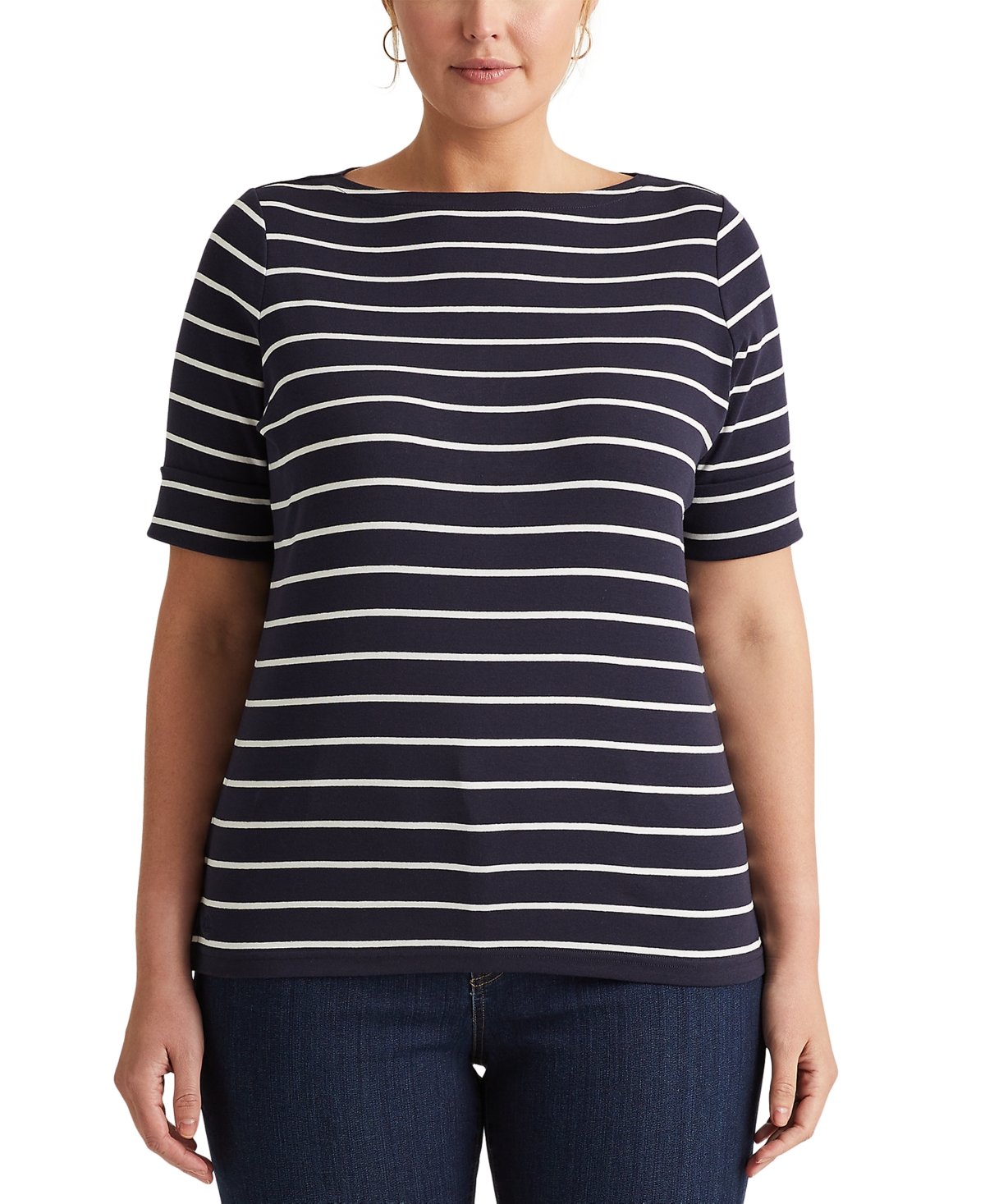 Lauren Ralph Lauren Plus Size Striped Cotton Boatneck T-Shirt -White