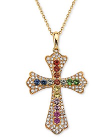EFFY® Multi-Sapphire (3/4 ct. t.w.) & Diamond (3/8 ct. t.w.) Cross 16" Pendant Necklace in 14k Gold