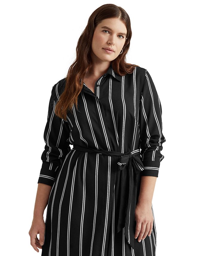 Lauren Ralph Lauren Plus-Size Striped Belted Crepe Shirtdress - Macy's