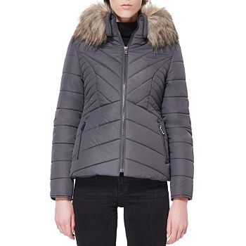 Juniors Faux-Fur-Trim Hooded Puffer Coat (Concrete & Size: M)