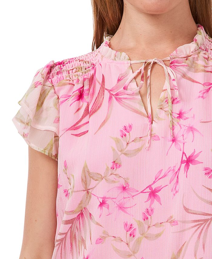 CeCe Floral-Print Tie-Neck Smocked-Shoulder Blouse & Reviews - Tops ...