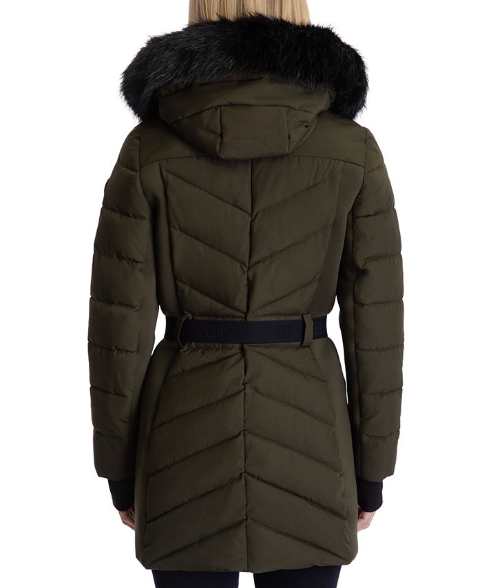 Michael Kors Womens Belted Faux Fur Trim Hooded Puffer Coat Created For Macys And Reviews 8451