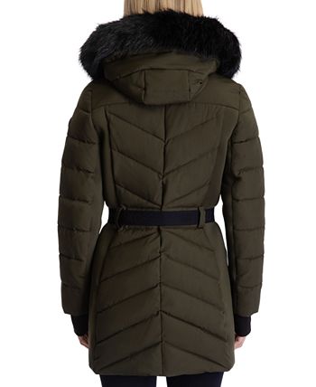 Belted Faux Fur Trim Hooded Puffer Coat, Michael Kors Belted Faux Fur Trim Hooded Puffer Coat
