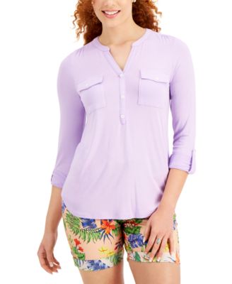 Style & Co - Split-Neck Roll-Tab-Sleeve Top