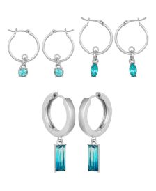 Silver-tone And Blue Ombre Stone Set of 3 Graduated Hoops