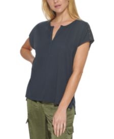 Grommet-Trim Split-Neck Top