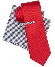 Men's Solid Tie, Gingham Tie Bar & Gingham Pocket Square Set