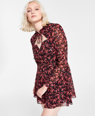 Bar III - Floral-Print Tie-Neck Mini Dress