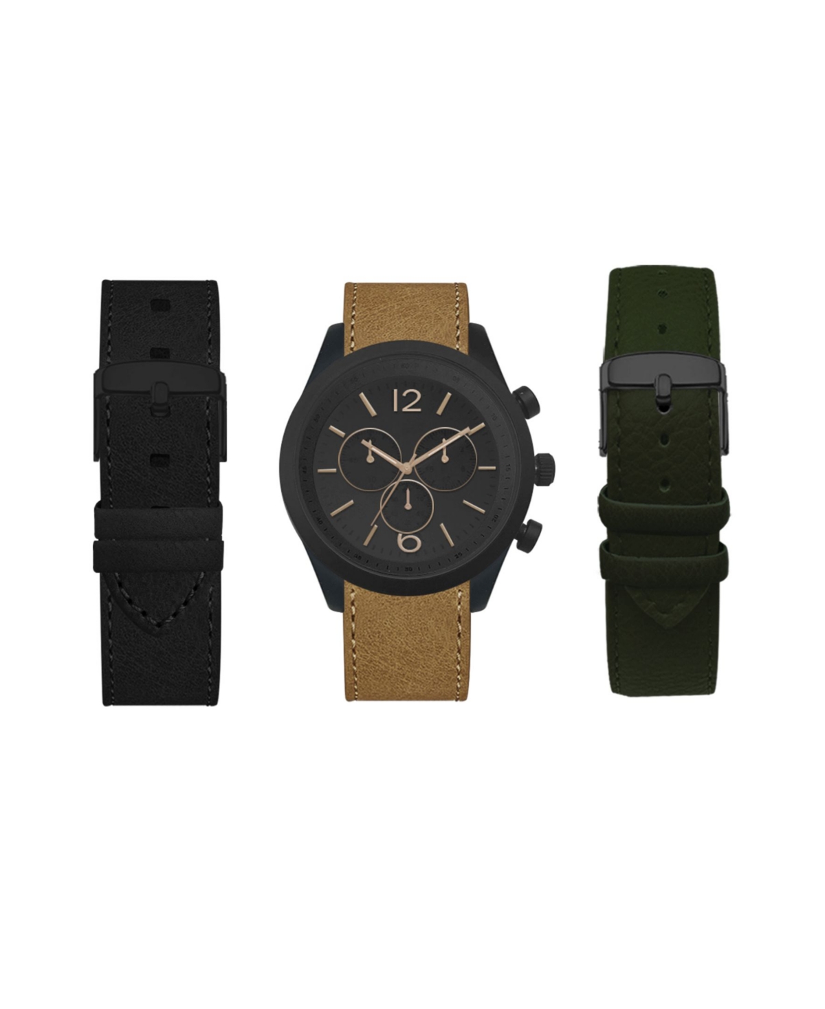 American Exchange Men's Analog Black Strap Watch 44mm with Black, Light Cognac and Olive Camo Interchangeable Straps Set