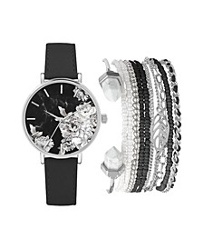 Women's Analog Black Strap and Floral Dial Watch 36mm with Silver-Tone Bracelets Set