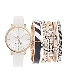 Women's Analog White Strap Watch 38mm with Stackable Navy and Rose Gold-Toned Bracelets Cubic Zirconia Gift Set