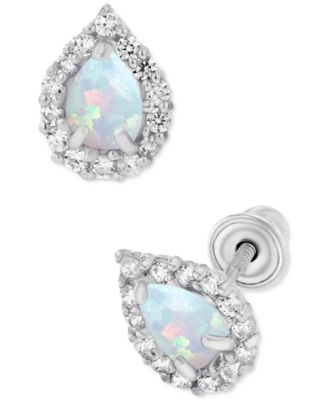 Lab-Grown Opal (1/10 ct. t.w.) & Lab-Grown White Sapphire (1/6 ct. t.w.) Pear Halo Stud Earrings