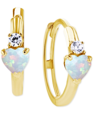 MACY'S LAB-GROWN OPAL (1/5 CT. T.W.) & LAB-GROWN WHITE SAPPHIRE (1/10 CT. T.W.) HEART SMALL HOOP EARRINGS, 