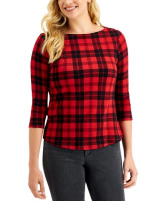 Charter Club - Petite Cotton Plaid Boat-Neck Top