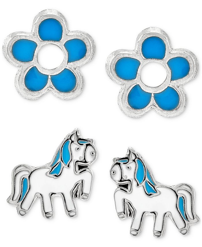 Macy's Children's 2Pc. Set Enamel Flower & Pony Stud Earrings in