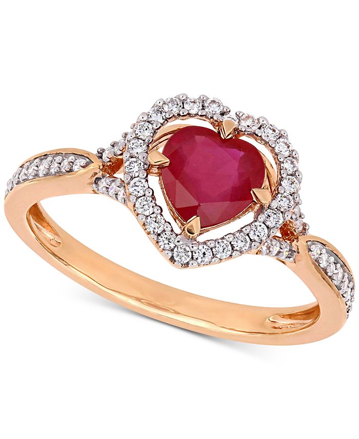 Macy's - Ruby (1 ct. t.w.) & Diamond (1/4 ct. t.w.) Heart Halo Ring in 14k Rose Gold