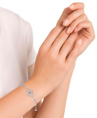 Cubic Zirconia Hamsa Adjustable Bolo Bracelet In Silver Plate