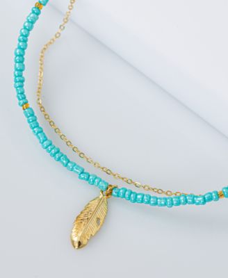 Leaf Charm Seed Beaded Double Chain Ankle Bracelet in 14k Gold-Plated Sterling Silver