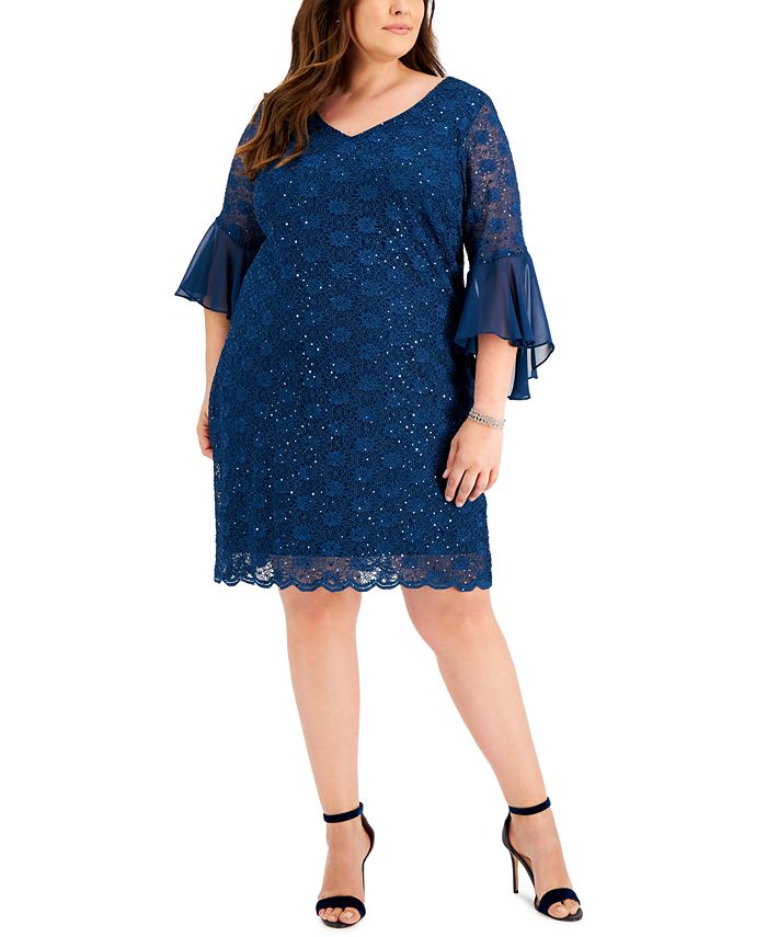 Connected Plus Size Sequined Flutter-Sleeve Scalloped-Hem Lace Dress ...