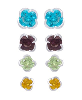 Multi-Color Round Stud Silver Plate Earrings, Set of 4