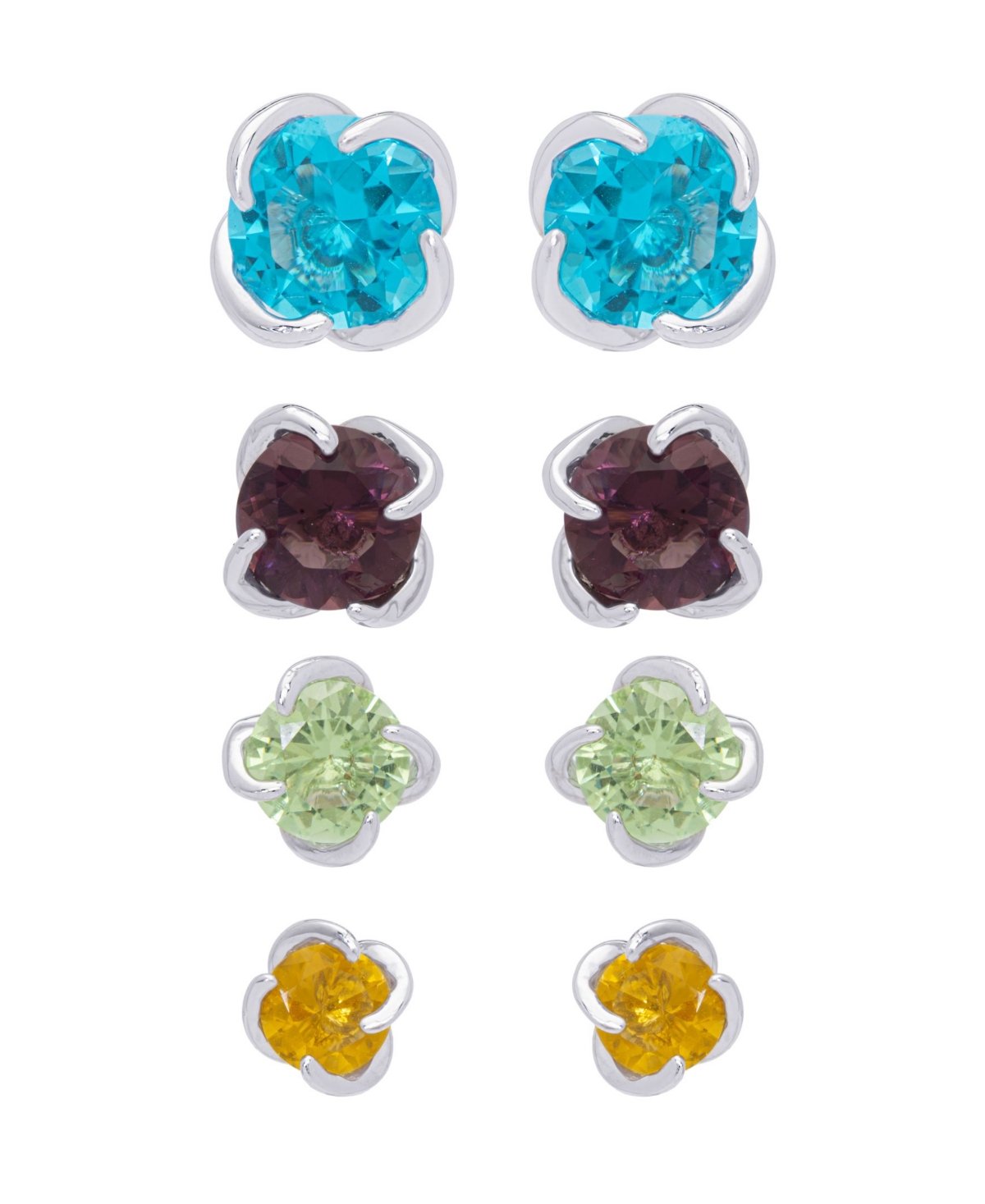 Color Round Stud Silver Plate Earrings, Set of 4 - Multi