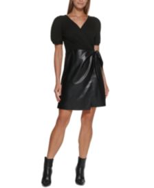 Faux-Leather Puff-Sleeve Dress